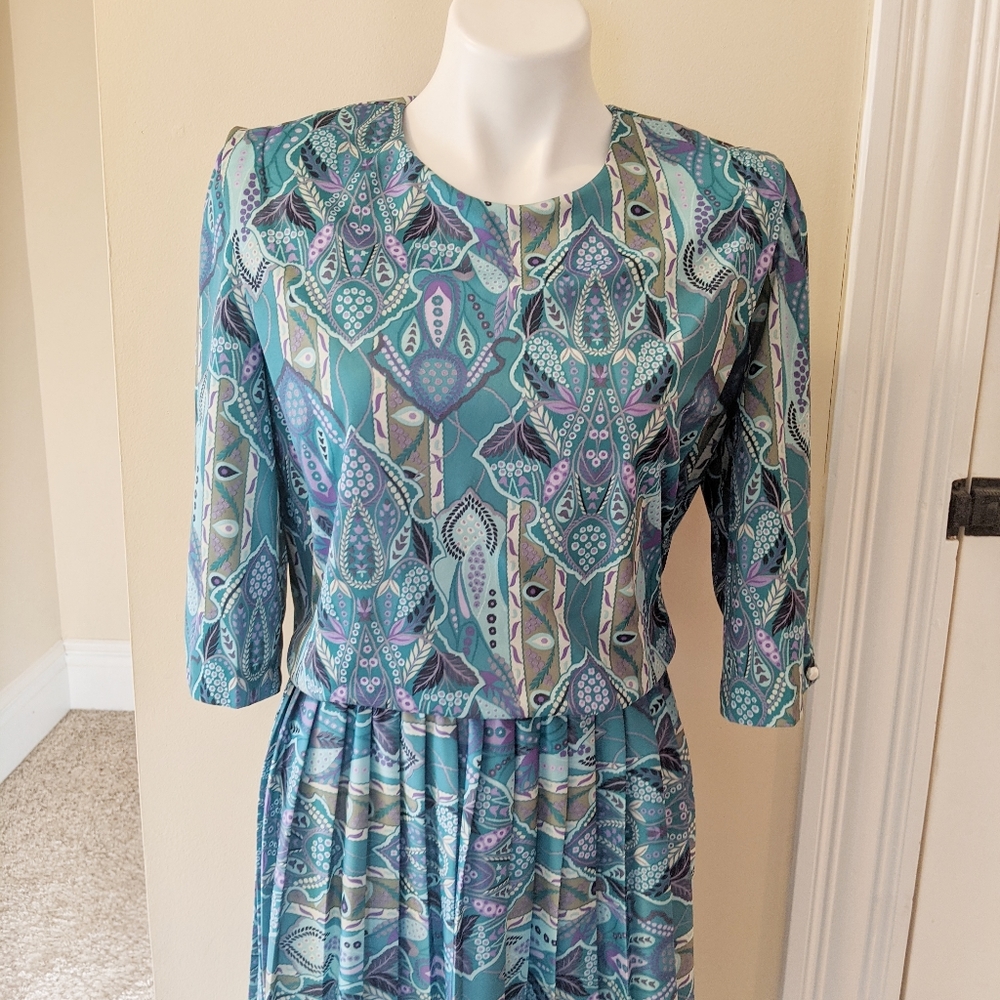 Vintage M.C.S Ltd NY teal abstract paisley dress - Picture 4 of 10